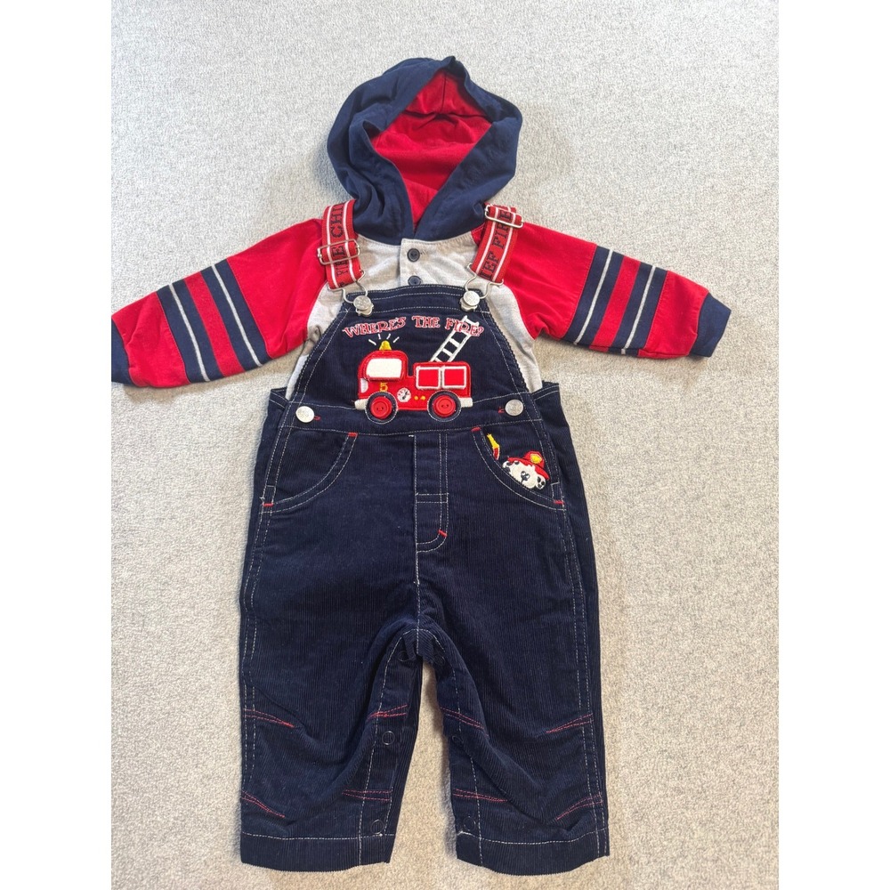 b.t. Kids Fire Truck Overalls & Hooded Bodysuit Set 3/6M Navy Red Excellent